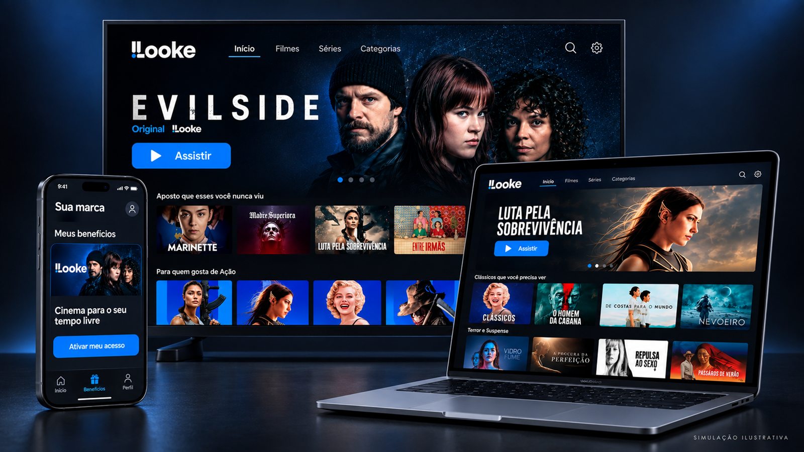 Simulação: o Looke na lista de benefícios de um aplicativo no celular, e o catálogo aberto na TV e no notebook